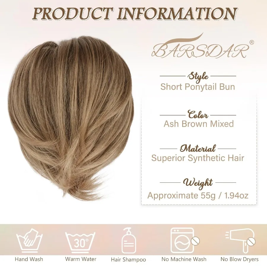 وصلات كعكة الشعر البني للنساء وصلات كعكة شعر صناعية قصيرة مستقيمة بالكامل على شكل ذيل حصان مع كعكة شعر فوضوية مرنة Scr