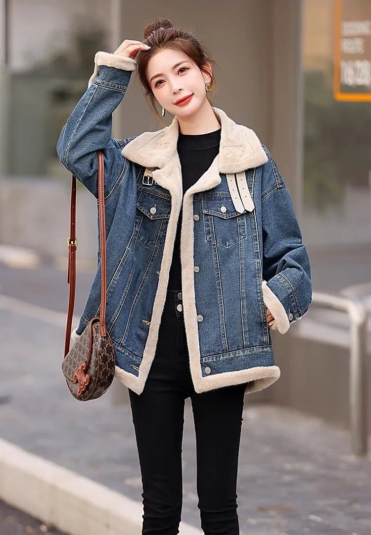 Denim Coats Long Fur Plush Womens Autumn Regular Fit Modern Business Casual City Commuting Anti-Wrinkle Stretchy Comfortable Y2K