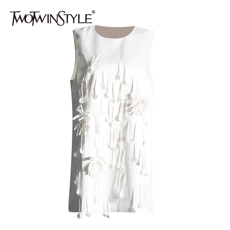 

TWOTWINSTYLE Solid Temperament Patchwork Appliques Dress For Women Round Neck Sleeveless Designer Spliced Zipper Dresses Female