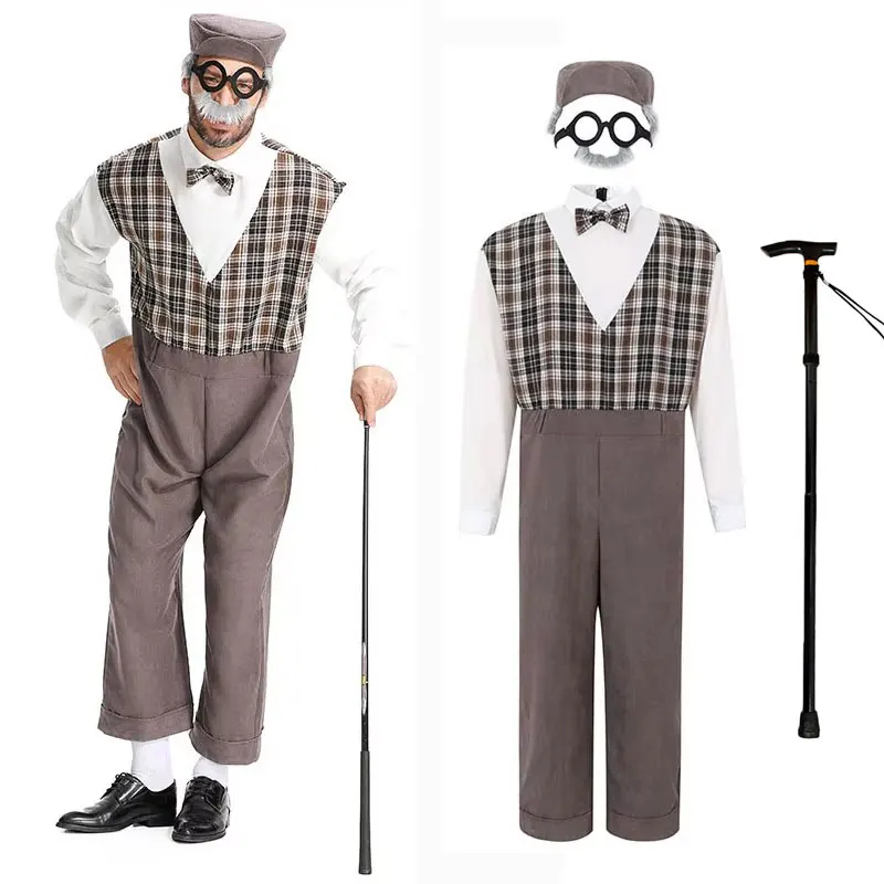 

Umorden Grandpa Old Man Costume for Men Adult Long Sleeve Jumpsuit Cap Glasses With Mustache British Old Gentleman Grey Plaid
