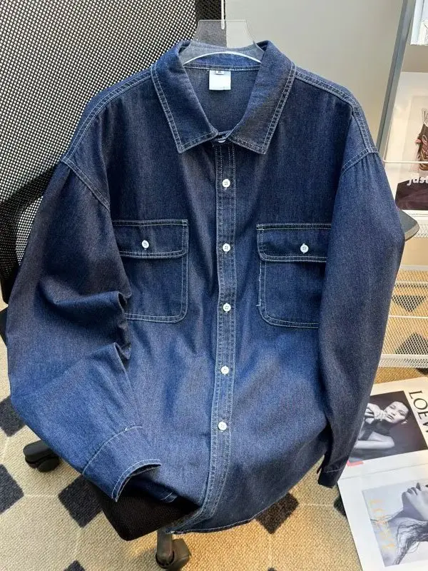 

Осенняя американская джинсовая джинсовая одежда в стиле ретро Long Sve irt, мужская элитная свободная синяя универсальная рабочая одежда irt, повседневная одежда для подростков