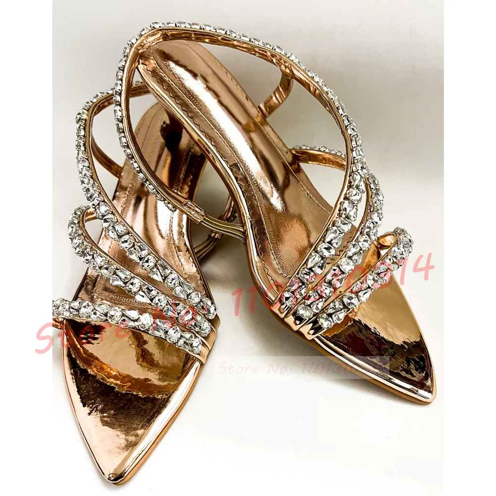 

Metallic Crystal Strappy Stilettoes Women Luxury Sparkly Opened Pointy Pumps 2023 Slingback Design Female Party Big Size Shoes