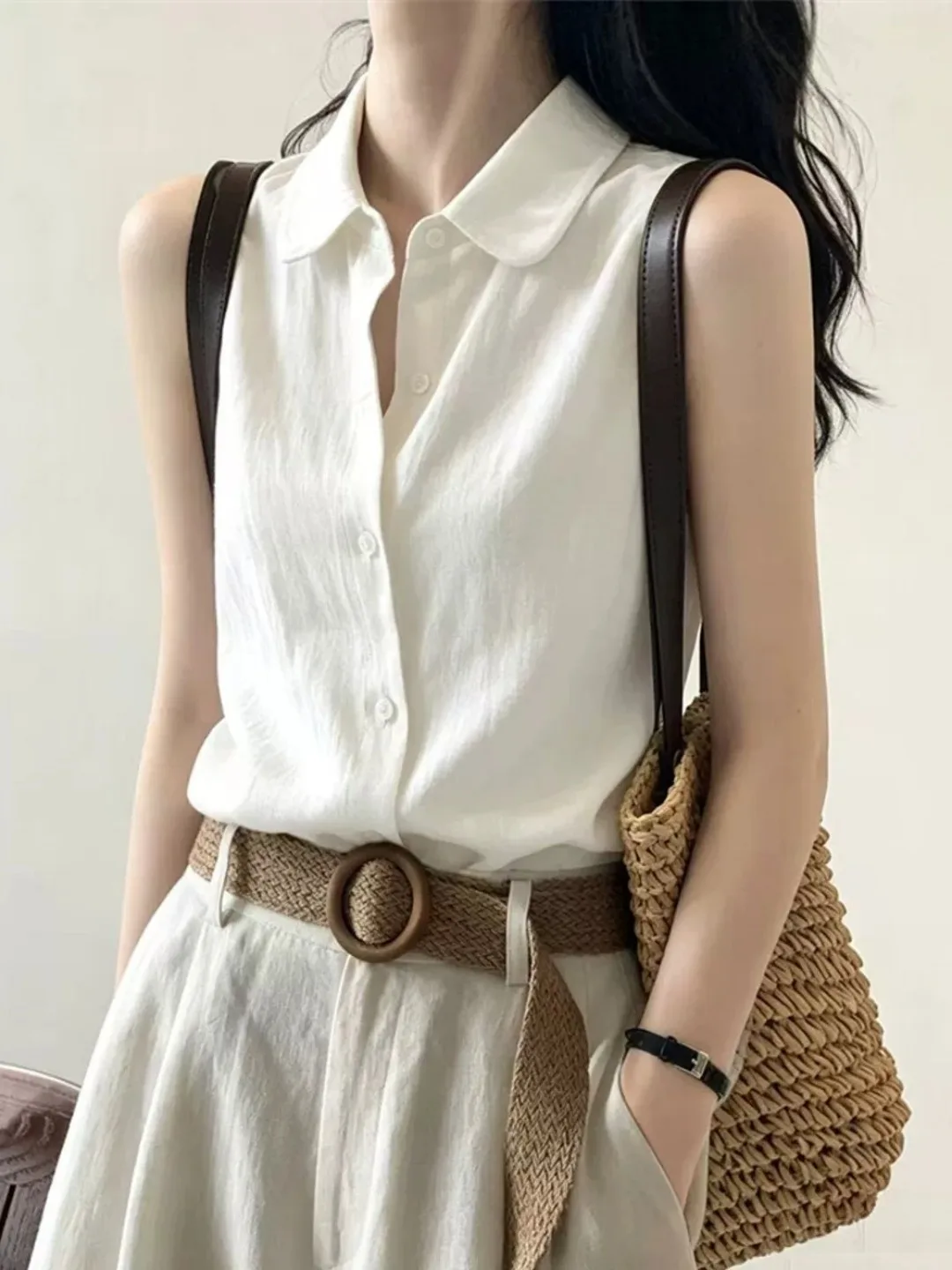 

White Neck Sleeveless Shirt Women's Summer Thin Fashionable Commuting Outerwear Korean Style Loose Fit Breathable