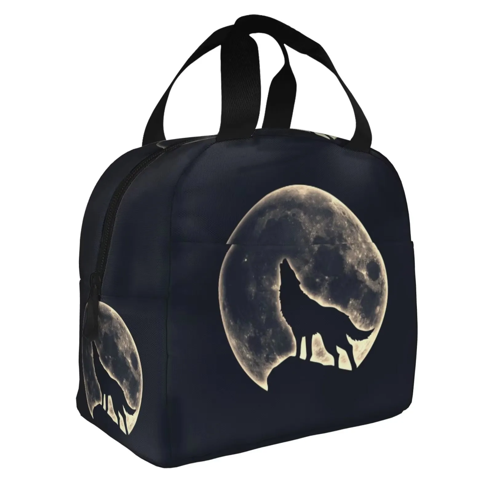 Howling Wolf Moon Lunch Tote Bag Insulated Leakproof Thermal Food Container with Front Pocket for School Office Travel