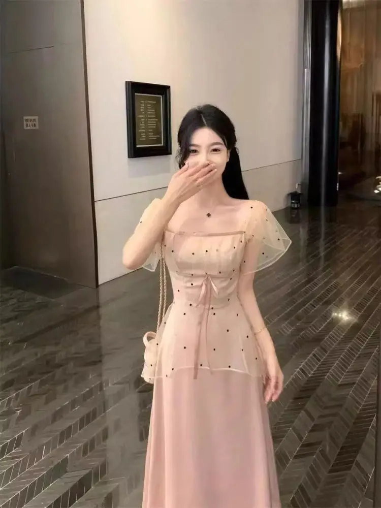 Ele Polka Dot Me Splice Dr Damen Sommer Schlankheits Lang Dr Hohe Taille A-Linie Rock Französisch Sle Basic Modell