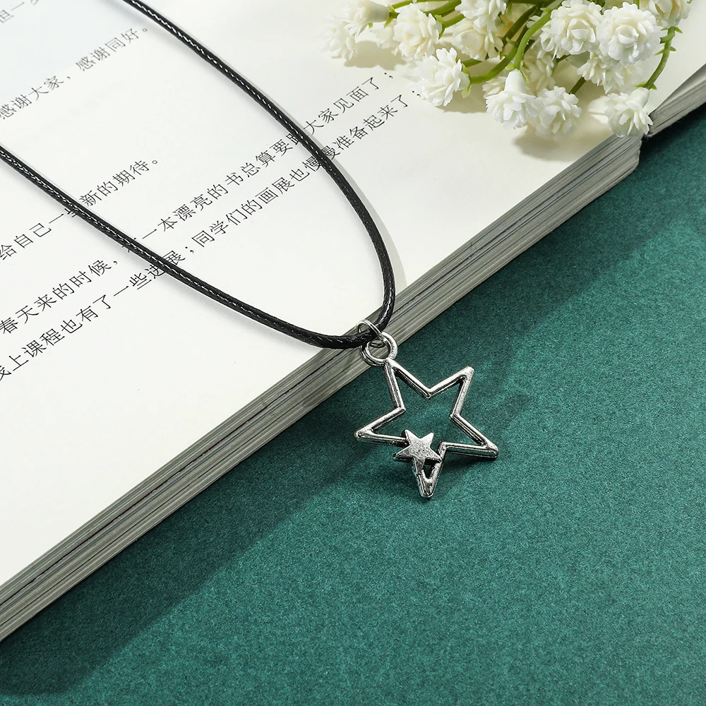 creative personality Pentagram Necklace Black Rope Necklace Fashion Simple Pendant Jewelry Party Gift ﻿