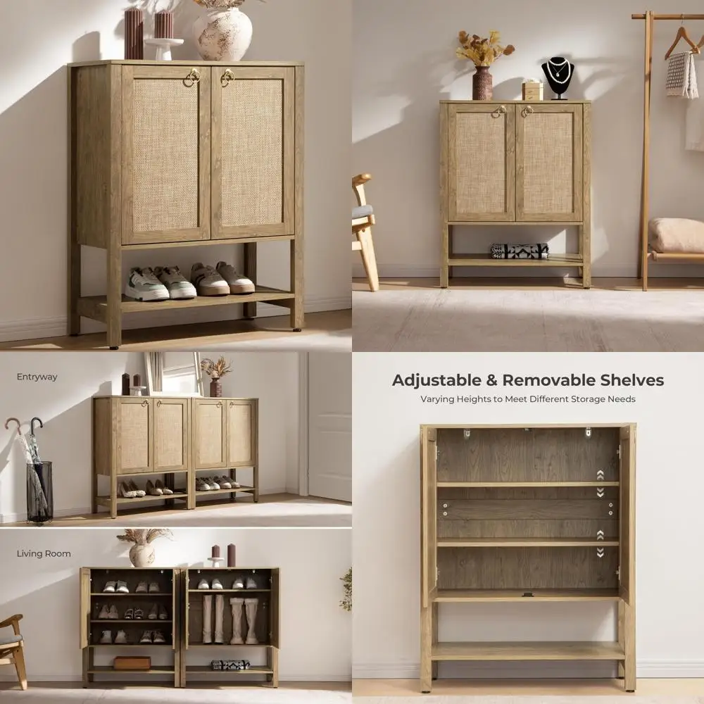 5-Tier Farmhouse Style Rattan Shoe Organizer Cabinet with Storage Shelves and Doors, Tall Shoe Storage Solution