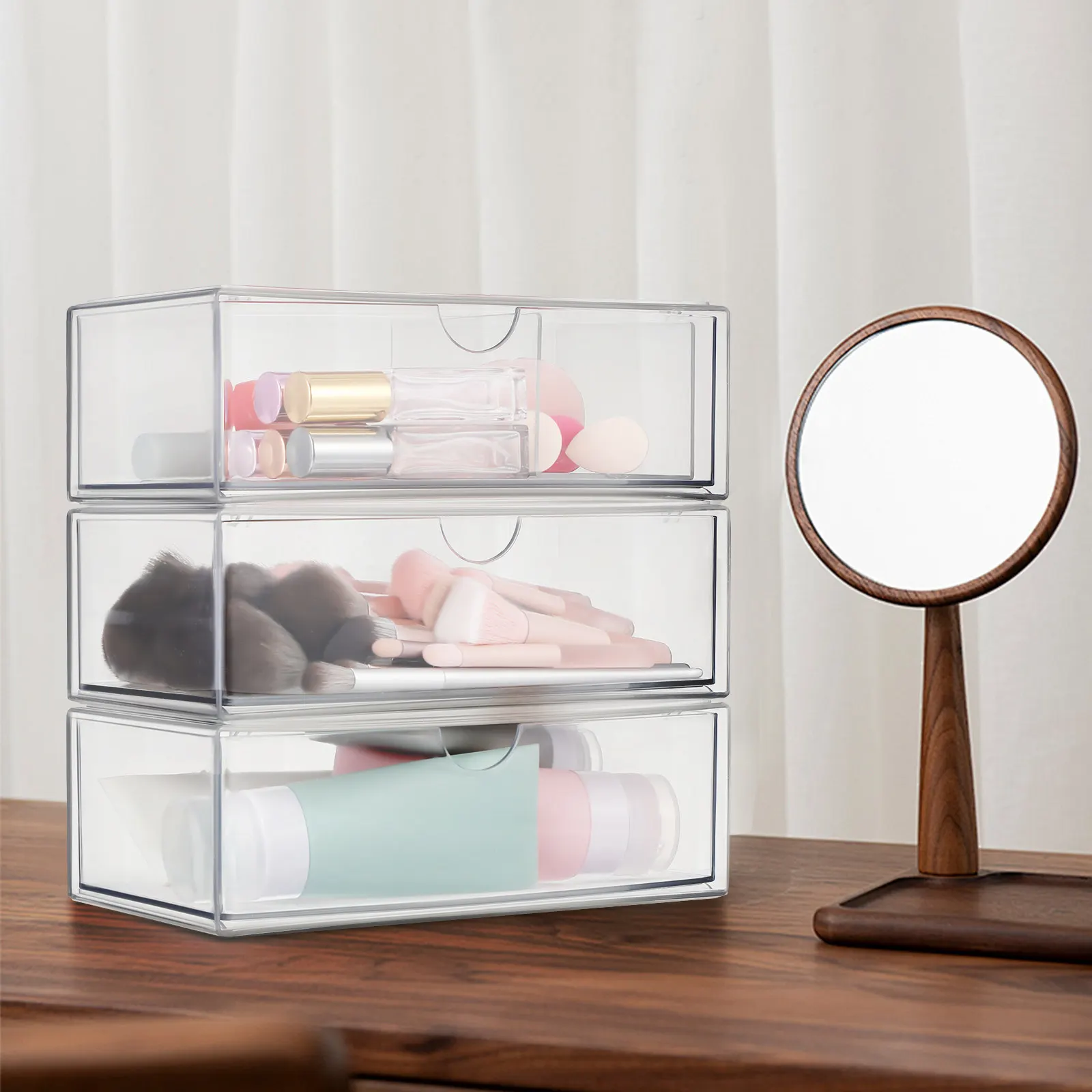 3Pcs Clear Makeup Storage Organizer Box Lidded Desktop Vanity Holder Cotton Pad Container Multi-Functional Divider
