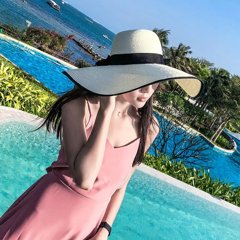 Women Summer Beach Travel Straw Hat Korean Seaside Big Hat Brim Sunblock Sunshade Holiday Foldable Fashion Big Cool Hat