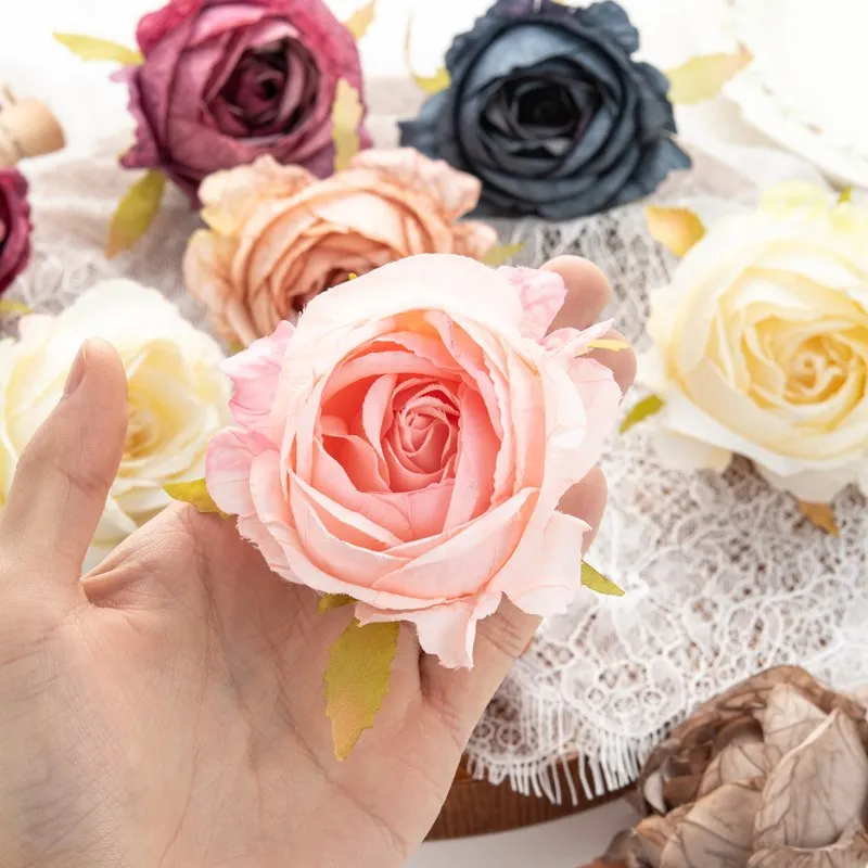 Roses 5Pcs 7Cm Artificial Flowers Wedding Christmas Wreaths for Home Room Decor Diy Party Candy Box Bridal Accessories Scrapbook