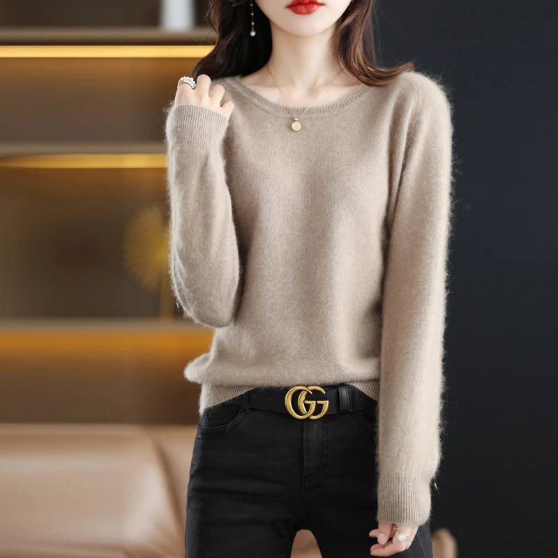 DjzDsm Ladies Pure Mink Cashmere Sweater Low Round Neck Long Sleeve Loose Autumn And Winter Warm Knit Jumper Solid Color Top