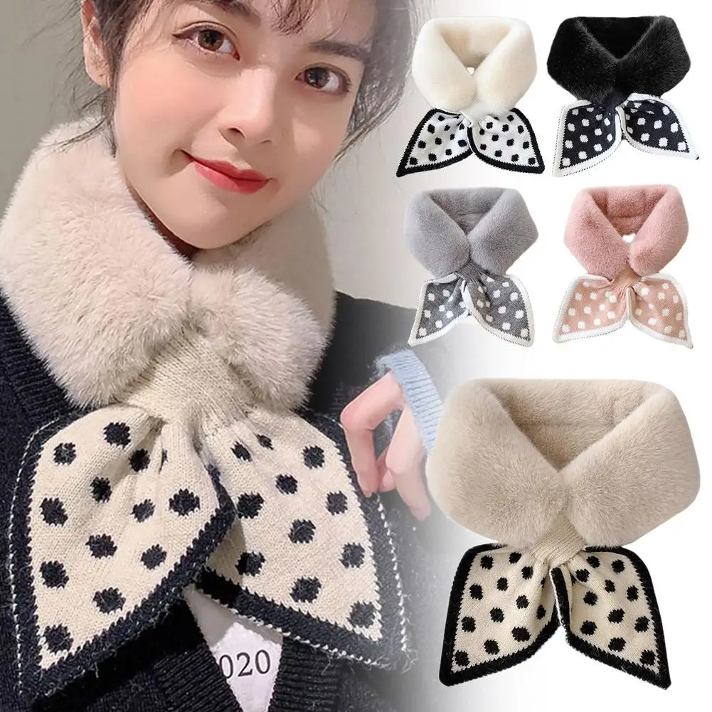 All-Match Thick Plush Scarf Dots Splice Plush Scarf Winter Warm Furry Faux Fur Collar Cross Neck Sleeve Scarves For Women G L7M4