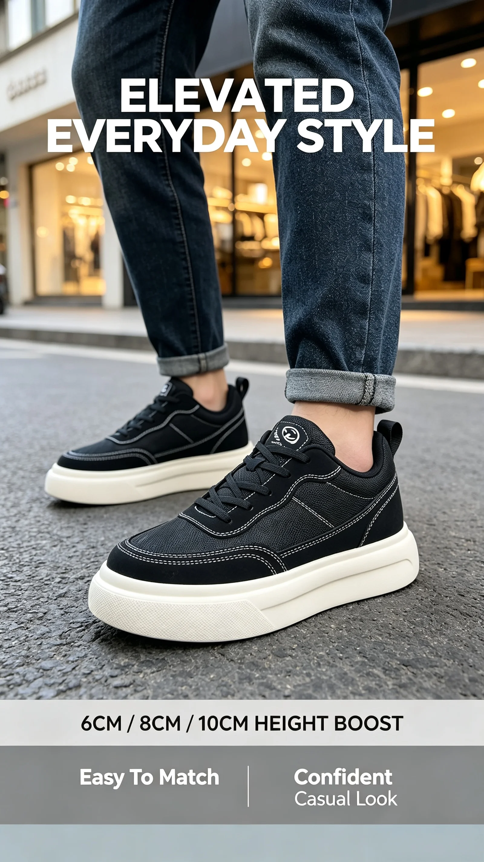 6-10CM Unsichtbare Höhenverlängerung Herren Plateau-Sneaker Schwarz Atmungsaktive Schnürschuhe Casual Höhenerhöhende Skate-Schuhe Alltagsschuhe zum Spazierengehen – Detail 8