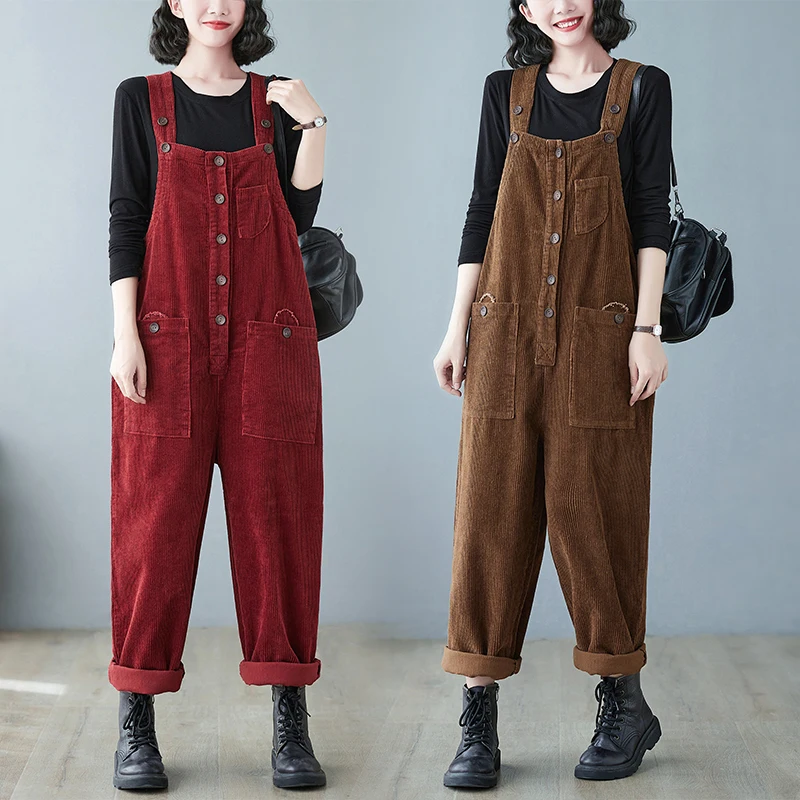 Retro Lazy Corduroy Overalls Women's Autumn Winter plus Size Loose Slimming Strap Jumpsuit Casual Slouchy Pants Trendy
