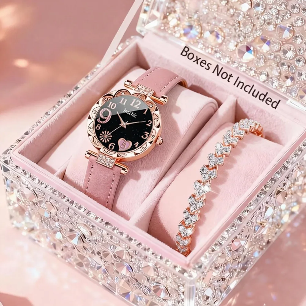 2Piece Fashion Women Watch Set, Elegant Pink Quartz Watches+ Rhinestone Bracelets | Round Dial with Heart Design