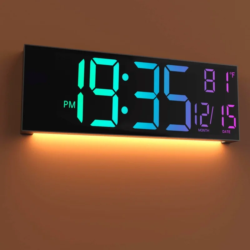 15,24 Zoll Große Digitale Wanduhr mit Fernbedienung, Stimmungslicht in 8 RGB-Farben, 2 Weckfunktionen, Countdown, 12/24-Stunden-LED-Wecker zur Dekoration – Detail 6