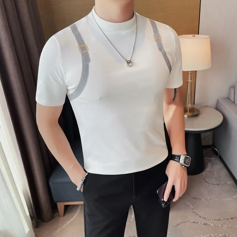 

2024 Fashion Contrasting T-shirt Men's Summer Short Sleeve Middle Collar Slim Fit Casual T Shirt Social Tee Tops Streetwear 4xl