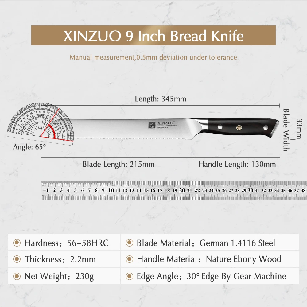 XINZUO German 1.4116 Stainless Steel  9\'\' Bread Knife 58HRC Serrated Design Cutter Tool For Cutting Bread Cheese Cake Gift Box