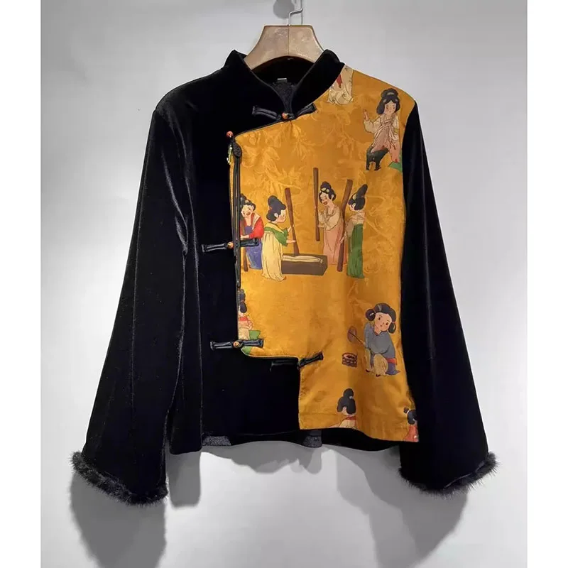 

Chinese Black Velvet Blouse Women Frog Button Splicing Shirt O-neck Stand Collar Long Sleeve Tang Suit Loose Tops