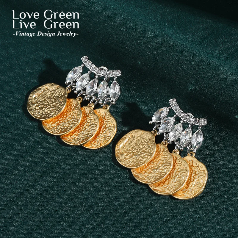 

Vintage Crystal Coin Stud Earring Gold Color Round Luxury Jewelry Designer Charms Fashion Trendy Unique Evening Party 2025 New