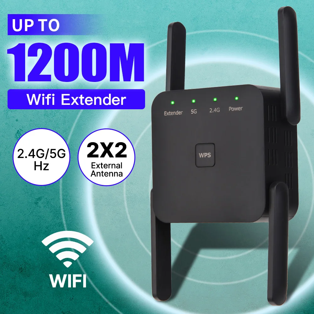 

1200Mbps WiFi Repeater Wireless WIFI Extender WPS Signal Repeater Dual-Band 2.4G 5G High Gain 4 Antenna Network Amplifier