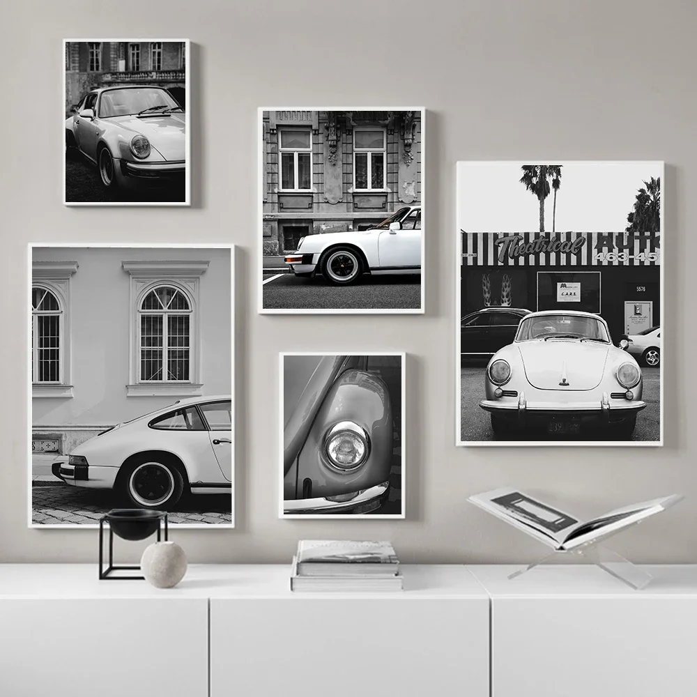 Wall Art Pictures Canvas Painting Car Rear View Poster Vehicle On The Street Black and White Vehicle Photography Home Decor