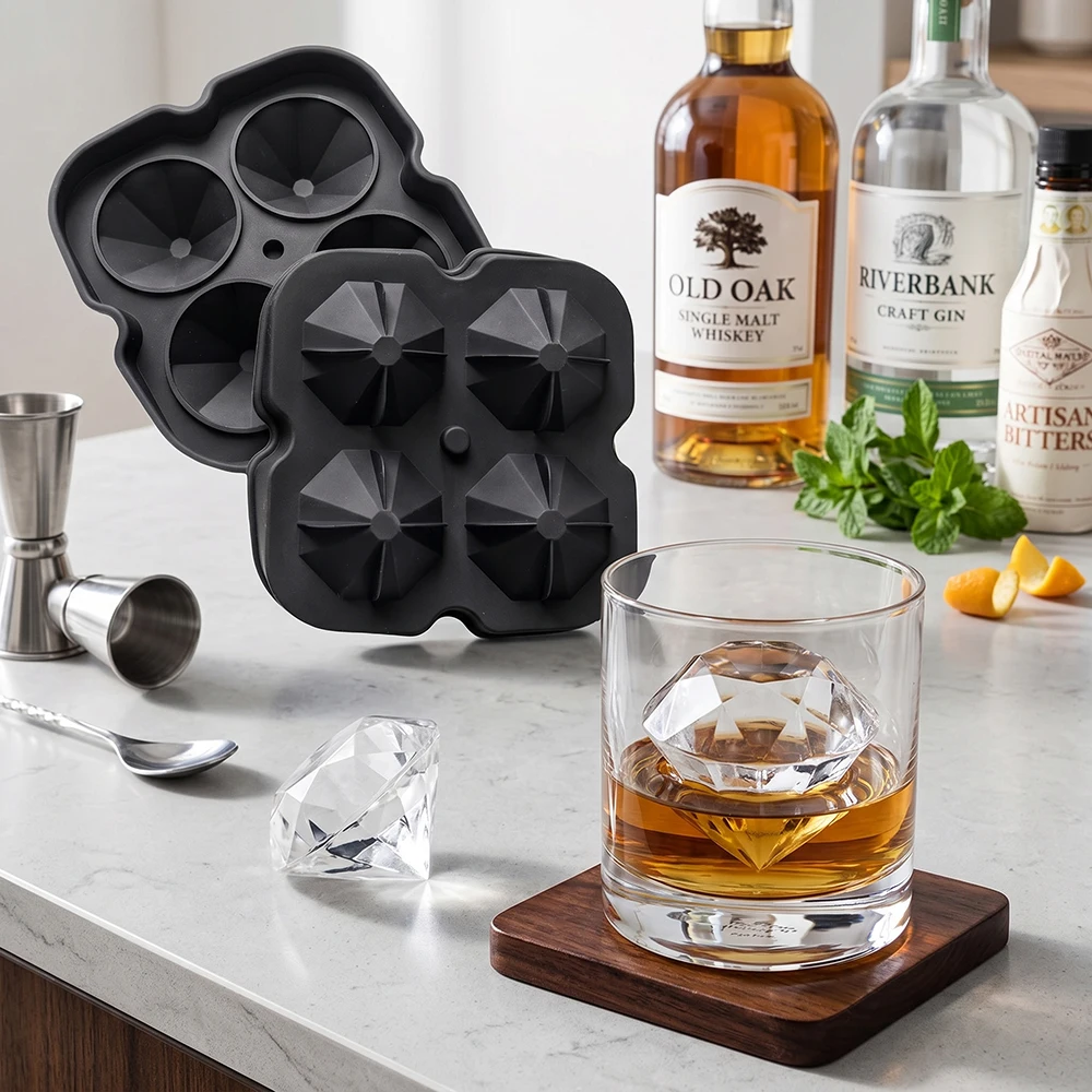 4-cavity diamond shaped silicone mold for making ice trays, suitable for cooling whiskey and cocktail drinks, reusable ice mold