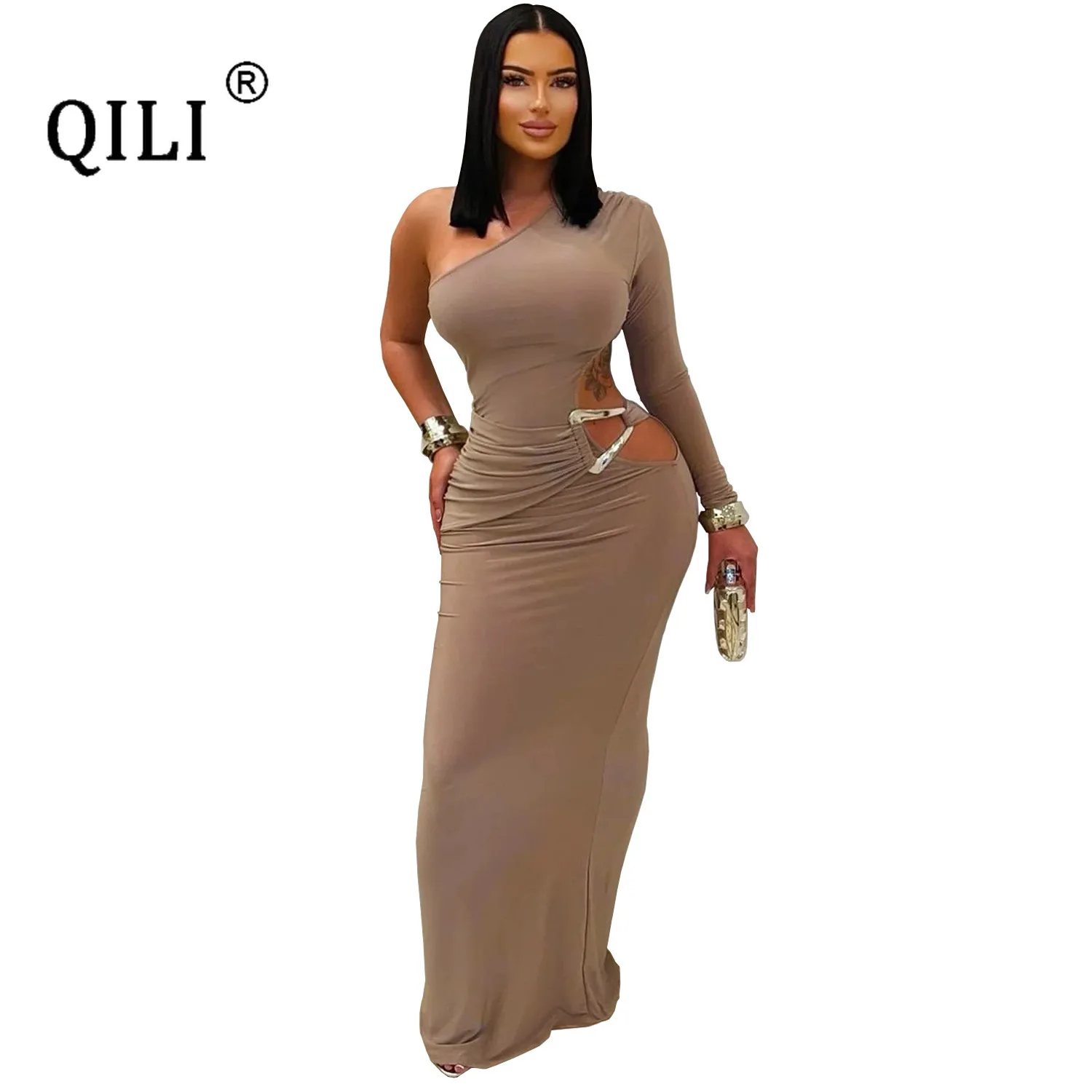 فستان QILI بكتف واحد وأكمام طويلة للنساء، فساتين سيدة سوداء مثيرة