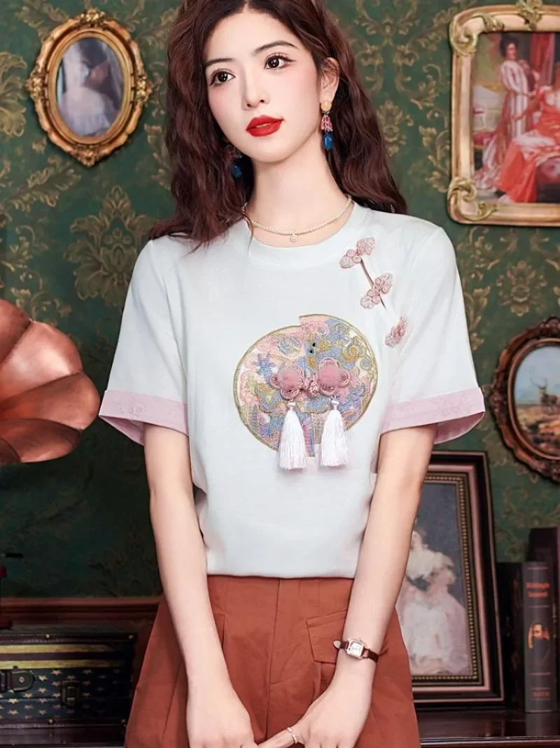 Cotton Chinese Style Women's T-shirt Summer Embroidery Tees Short Sleeve Loose Women Tops O-neck Vintage Clothing 2024 Korean