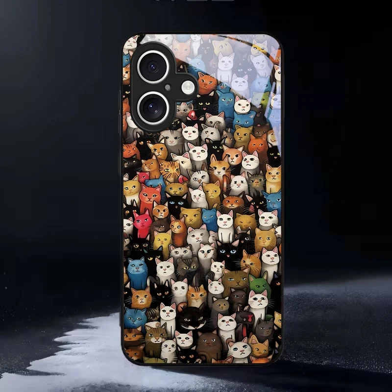 Whimsical Cat Crowd Black Glass Phone Case For iPhone 18 16 11 Pro 12 13 mini 14 15 Pro Max 16E 17 Air XsMax XR 8 7 Plus X Cover