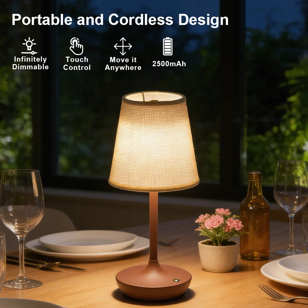 Lampu Meja LED Nirkabel dengan Kap Lampu Kain Vintage, Lampu Meja Portabel 2500mAh, Lampu Samping Tempat Tidur untuk Kamar Tidur, Lampu Malam
