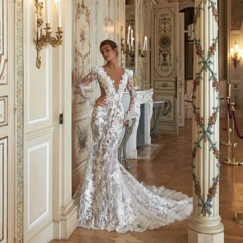 

customized Elegant Sweetheart Ball Gown Wedding Dress With applique Luxury 3D flower Long sleeves Bridal Gowns