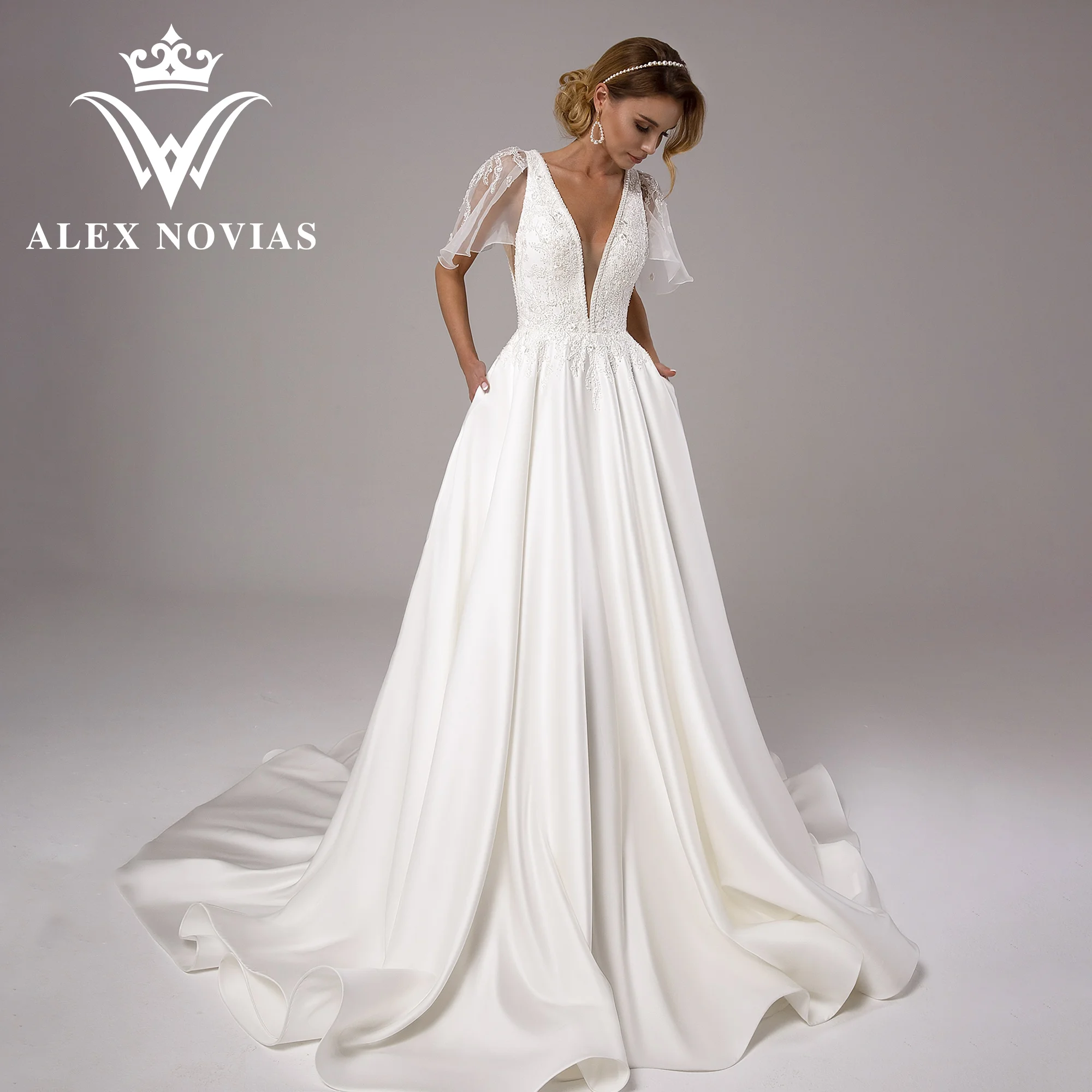 

ALEX NOVIAS A-Line Satin Wedding Dress 2023 Flare Sleeve V-neck Appliques Beading Pockets Wedding Gown Vestidos Novias De Saten