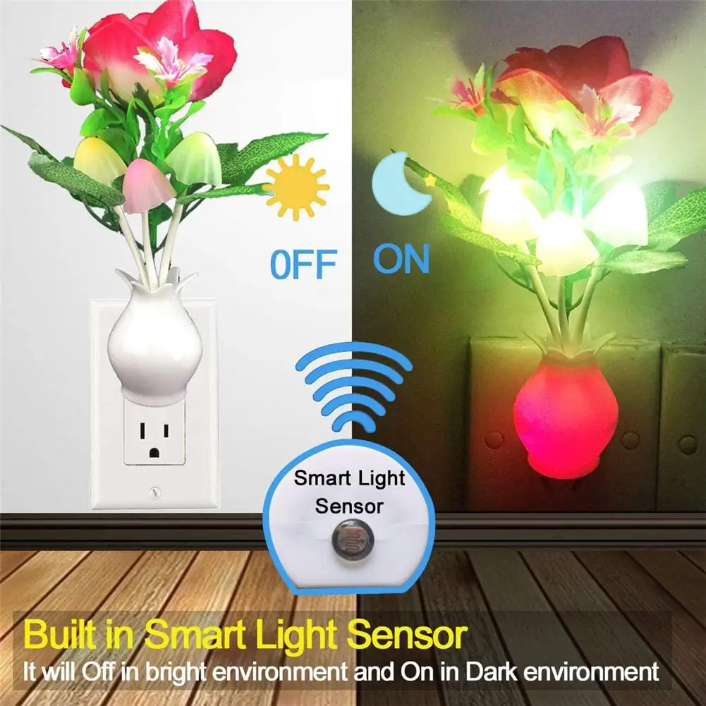 Rose Flower Mushroom Colorful LED Night Light Romantic Decor Atmosphere Lamp Light Sensor Energy Saving Socket Lamp US/EU Plug