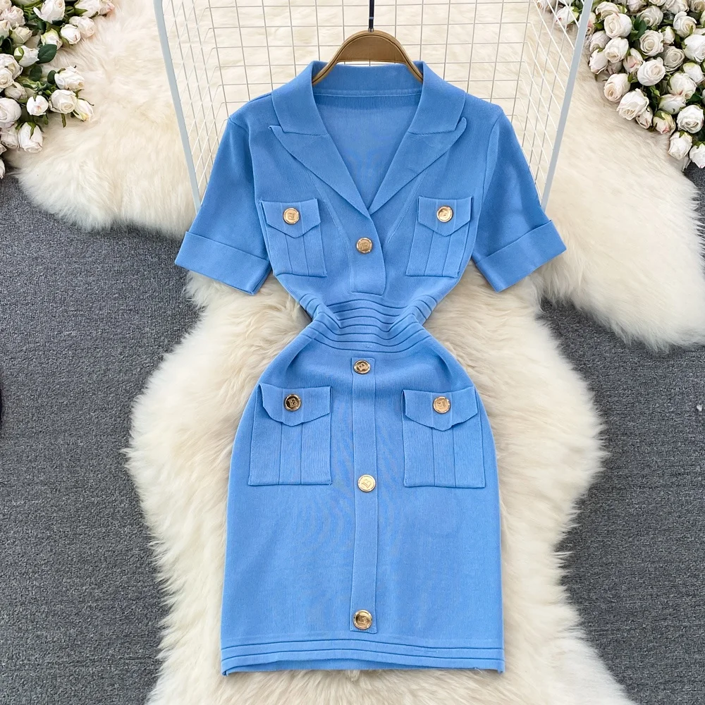 Slimming Ice Silk V-Ne Knitted ort Dr Women's Faionable  Skirt High Waist A-Line Summer Dr Korean Sle