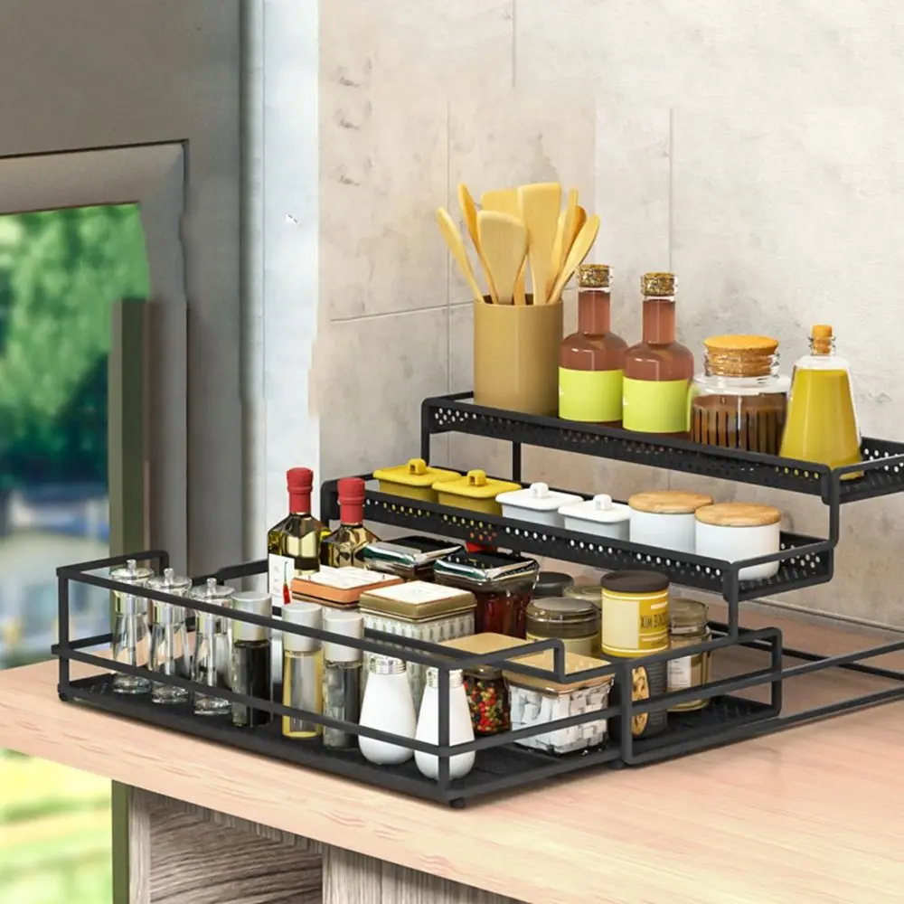 Black Pull-out Drawer Seasoning Rack Rustproof Strong Load-bearing Pull Out Storage Rack Large Capacity Spice Storage Holder