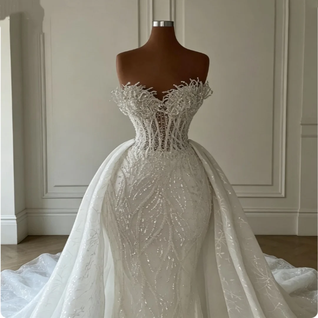 Custom Luxurious Mermaid Wedding Dresses 2026 Bride Strapless Heavy Beaded Lace 2 In 1 Detachable Overskirts Bridal Gown Vestid
