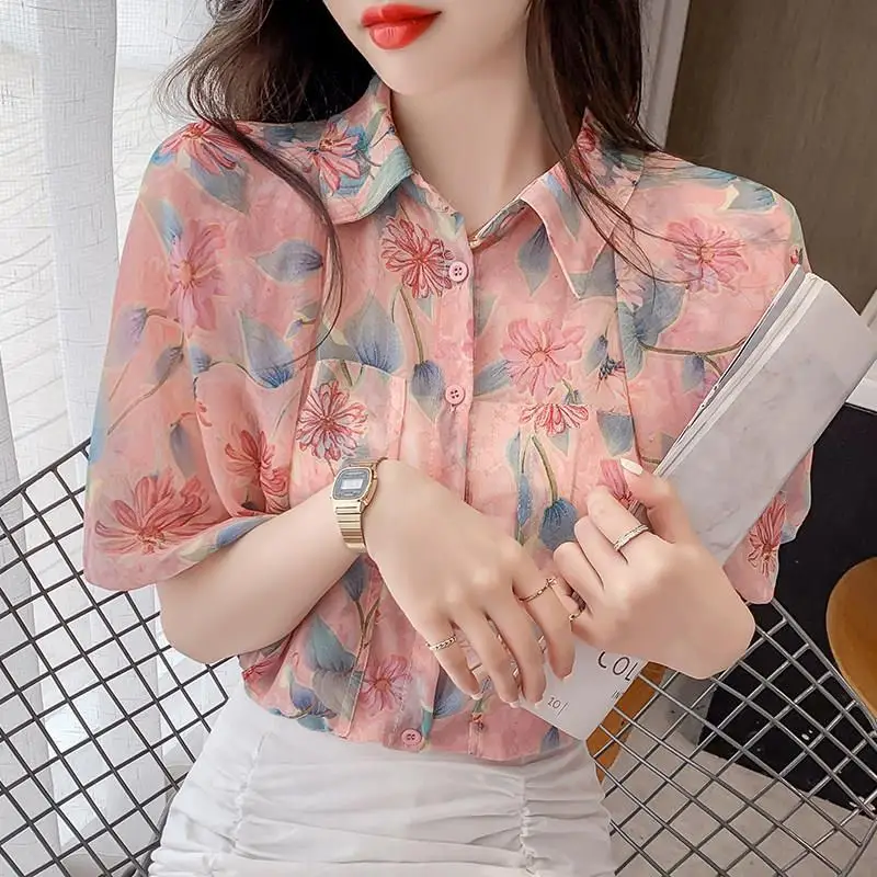 2023 New Women's Clothing Printing Turn-down Collar Short Sleeve Buttons Fashion Loose Summer Thin Elegant Sweet Floral Blouses