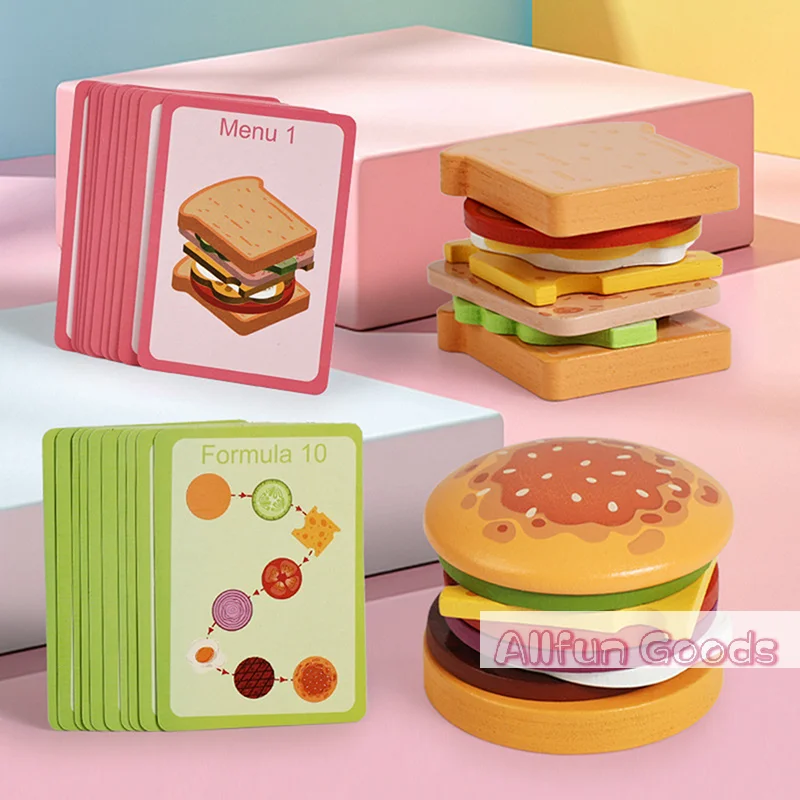 Wooden Hamburg Sandwich Stacking Toys For Toddlers And Kids Montessori Preschool Educational Toys Fine Motor Skill Kitchen Toy