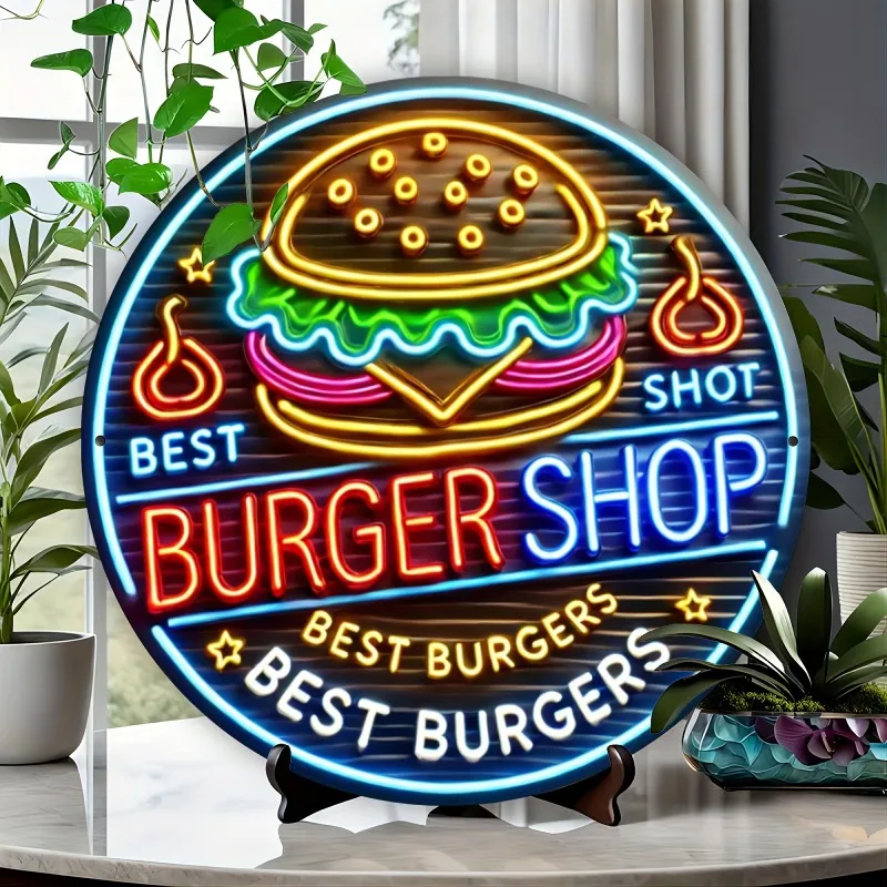 CIFBUY Retro 2D Flat Aluminum Wall Art, Waterproof Durable Burger Sign, Colorful Decor For Garden Garage Restaurant Cafe Bar