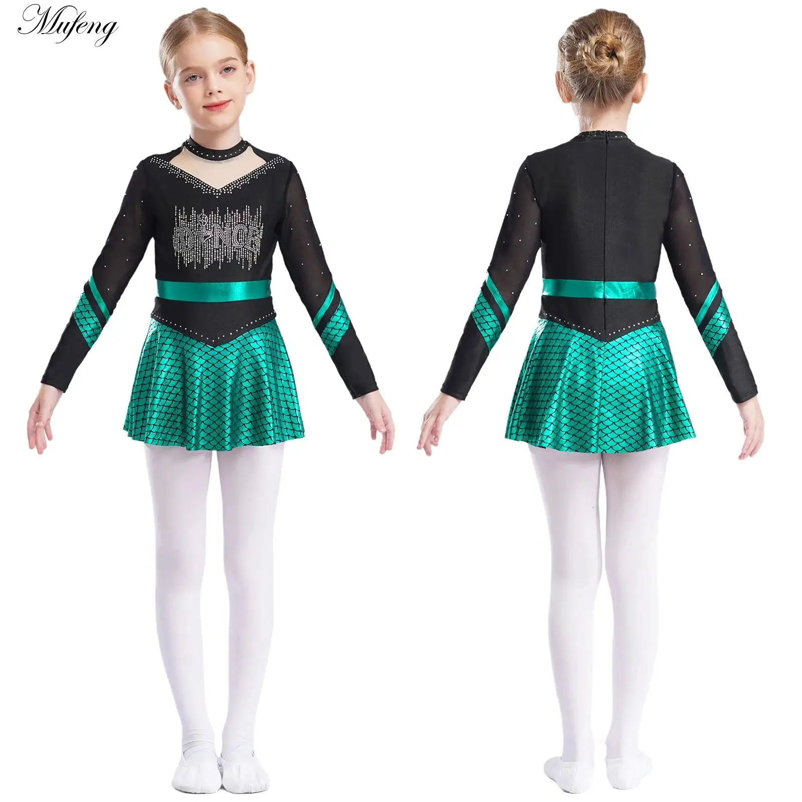 Girls Shiny Rhinestones Ballet Dress Mermaid Cosplay Costumes Metallic Fish Scales Built-in Shorts School Performance Dancewear