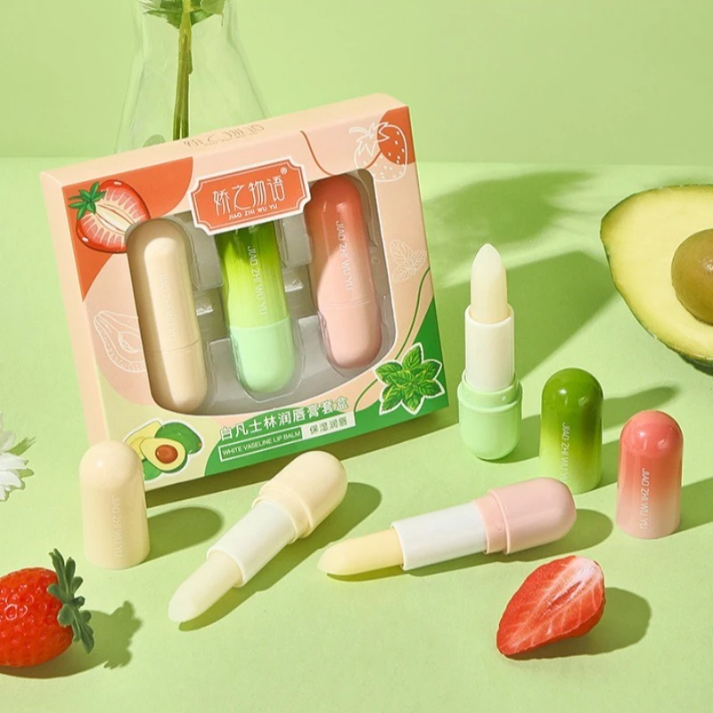 3 ピース/箱フルーツシリーズリップクリームセット保湿さわやか非粘着性ひび割れ防止唇マスクワセリン唇メイクアップギフト新しい