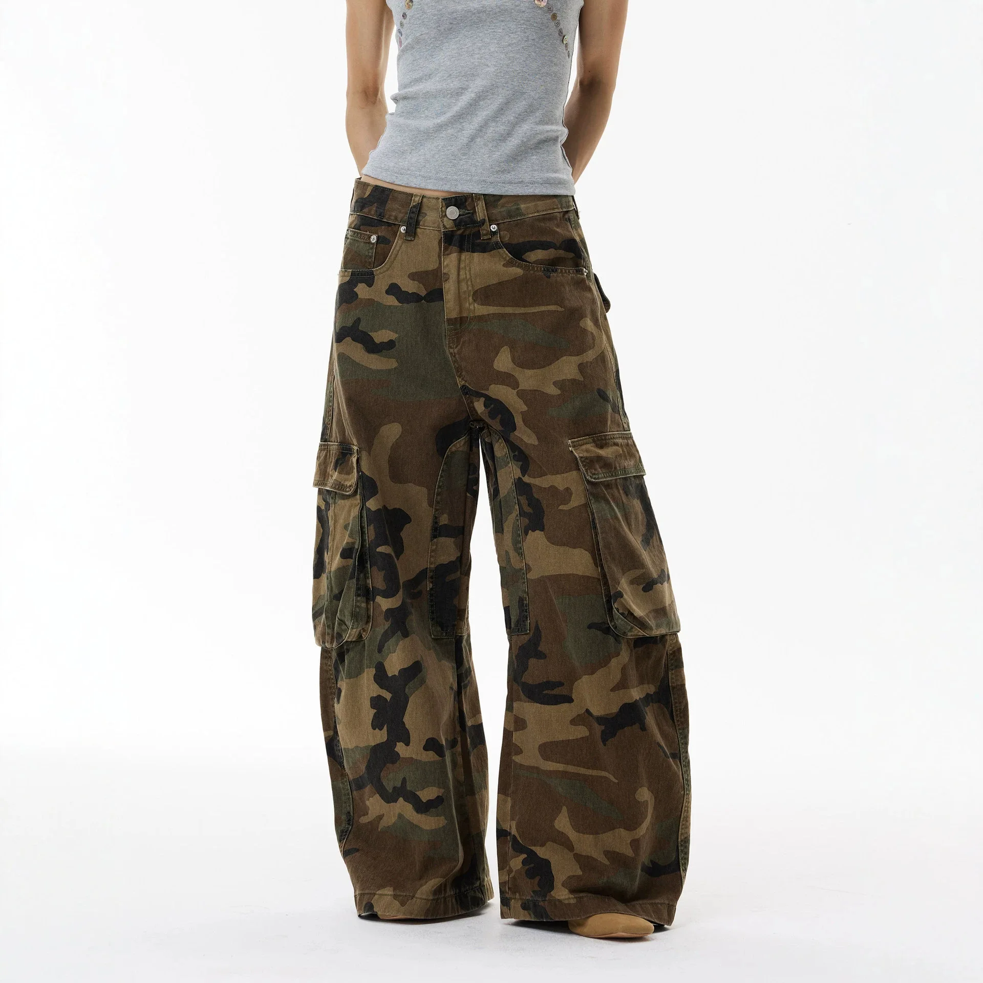 Men's Baggy Jeans Washed Camouflage Wide Leg Denim Pants American Retro Curved Knife Workwear Trousers Multi-Pocket Streetwea
