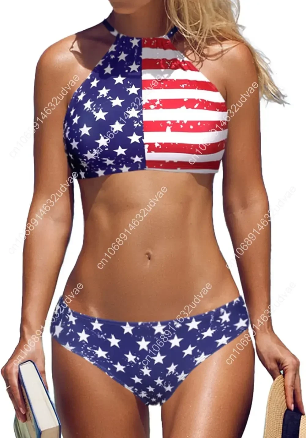 

American Flag Banner Pattern Womens Floral Striped Halter High Neck Bikini Swimsuit Set Cross Back