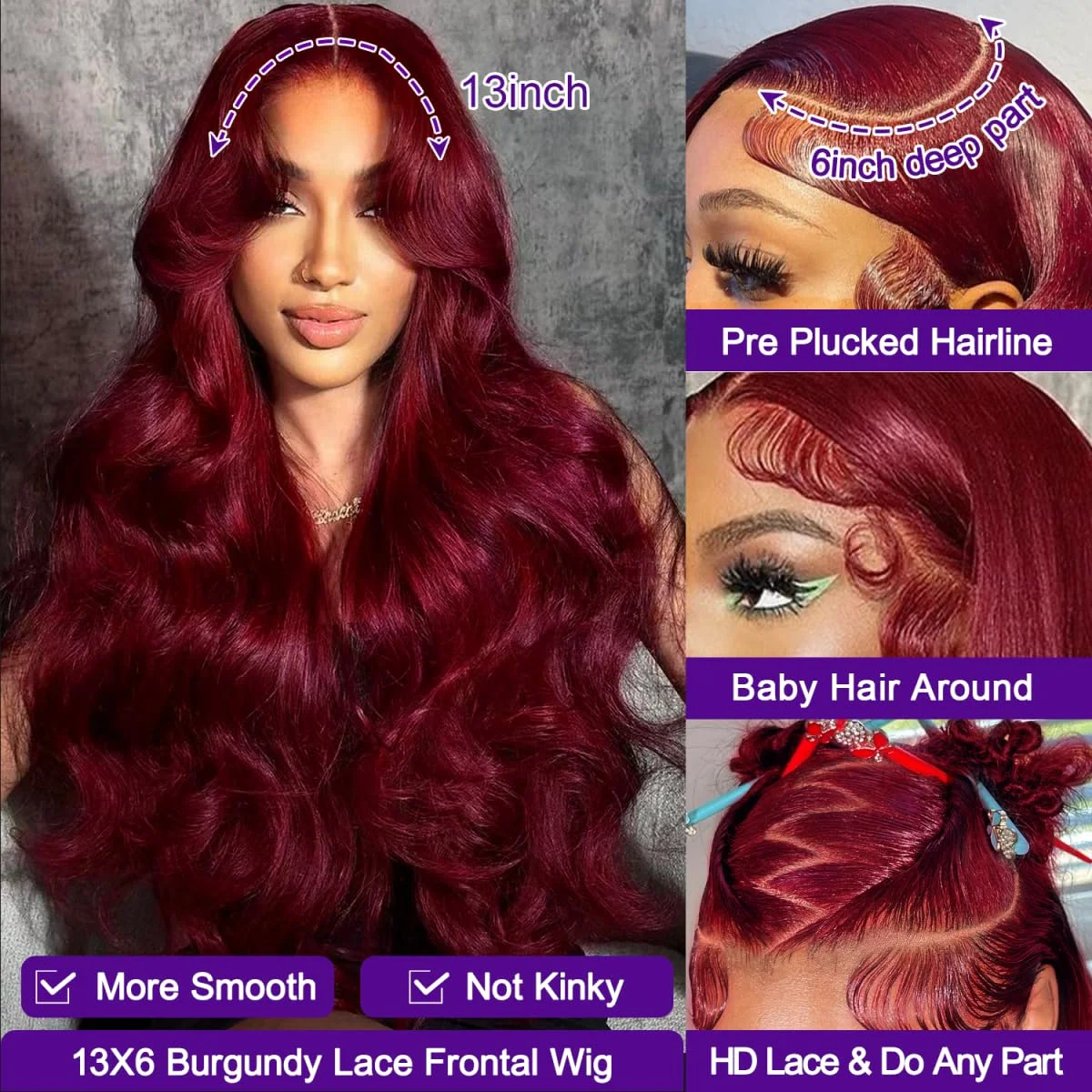 40 42 Inch 99J Burgundy Hd Lace Frontal Wig 13X6 200 Density Brazilian Body Wave Human Hair Wig Red Colored Hd Lace Front Wigs image 4
