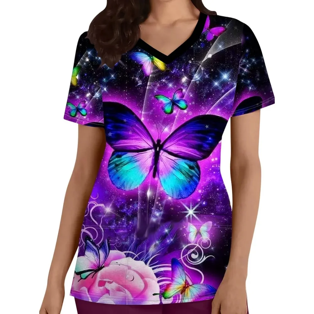 Uniforme clinique pour femmes, mode imprimé papillon, col en v, gommage dentaire pour femmes, microstretch, uniforme d'infirmière à manches courtes, été