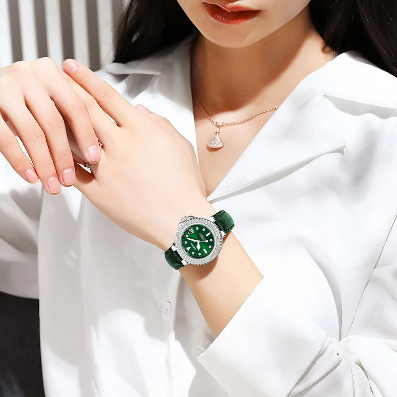 Nieuwe Mode Vrouwen Luxe Horloges Kristal Groen Casual Quartz Horloge Vrouwen Lederen Relogios Feminino Dames Polshorloge Hot Klok