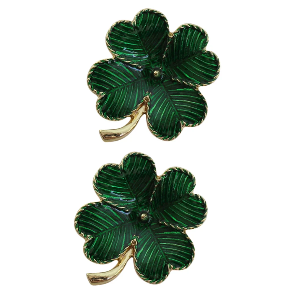 2pcs Shamrock Gold Plated Four Leaf Brooch Retro Lapel Pin St Patricks Day Accessory (Green)