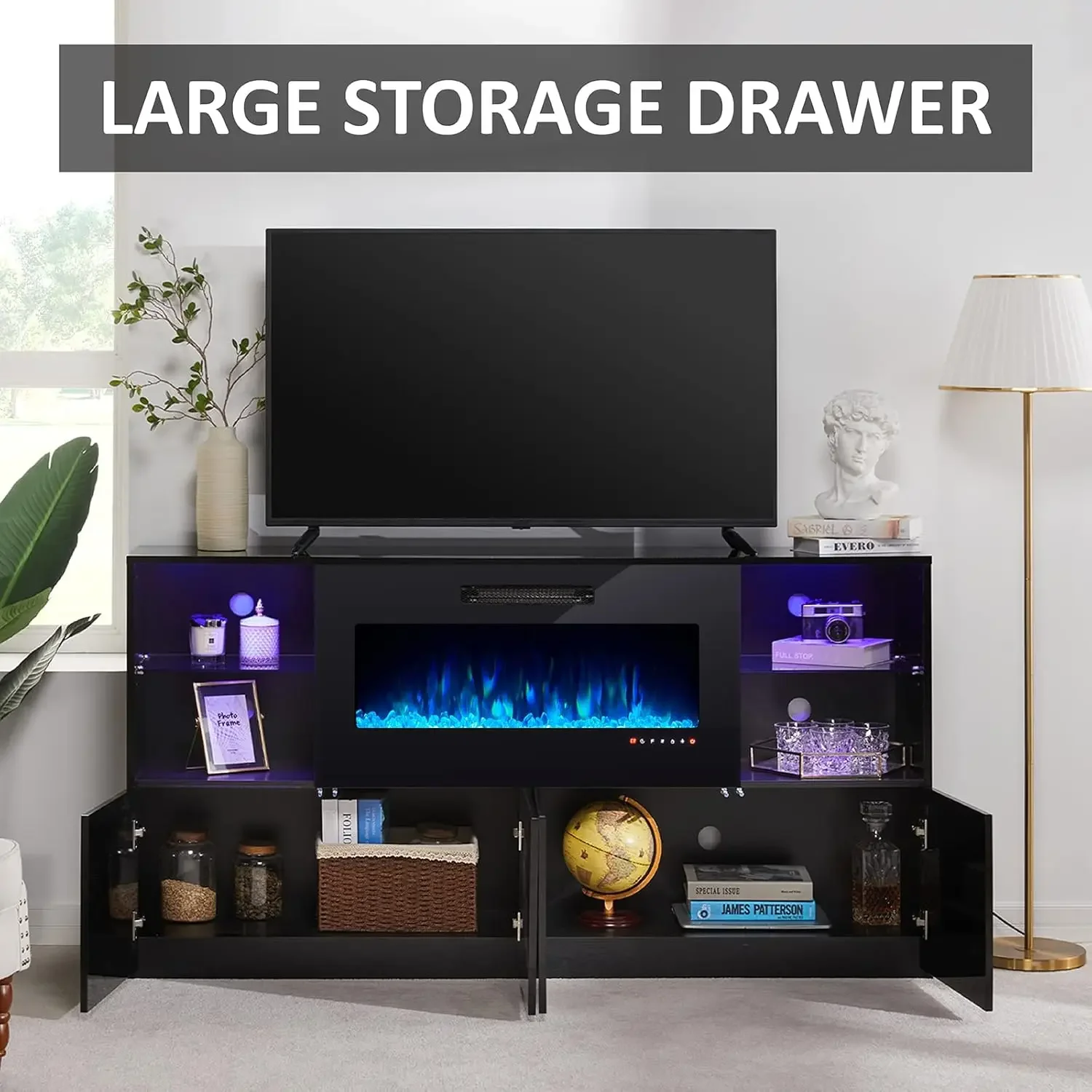 

Modern High Gloss 68" Fireplace TV Stand, Media Entertainment Center with Fireplace & LED Lights for TVs up to 78"