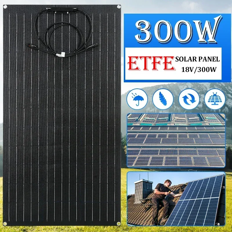 

ETFE 300W Solar Panel 18V Semi-flexible Monocrystalline Solars Cell Cable Outdoor Car RV Waterproof Rechargeable Power System